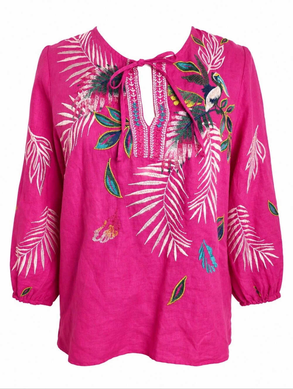 Johnny Was Linen Embroidered Tropical Bird Tunic Blouse Pink Boho-glam SZ: XS-SM